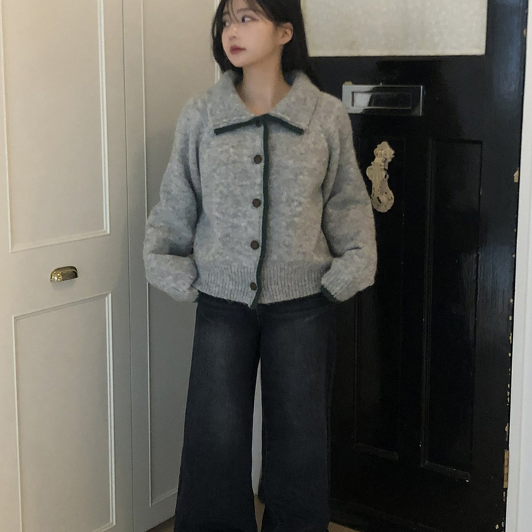 카라 배색 빈티지 버튼 단추 폭닥 가디건 4color