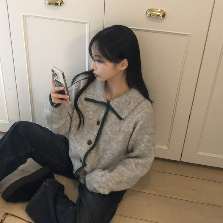 카라 배색 빈티지 버튼 단추 폭닥 가디건 4color