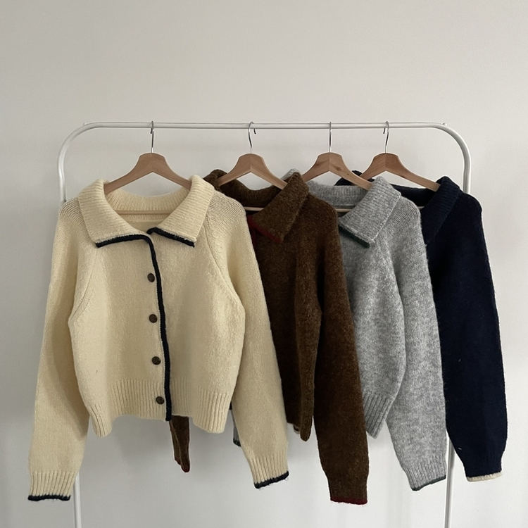 카라 배색 빈티지 버튼 단추 폭닥 가디건 4color