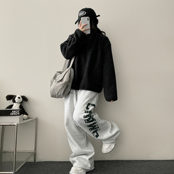 【起毛】]レタリングストリングバンディングワイドパンツ