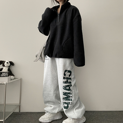 【起毛】]レタリングストリングバンディングワイドパンツ