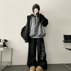 【起毛】]レタリングストリングバンディングワイドパンツ