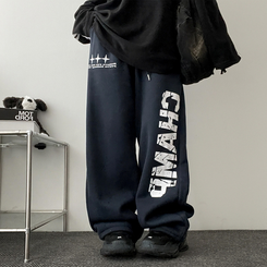 【起毛】]レタリングストリングバンディングワイドパンツ