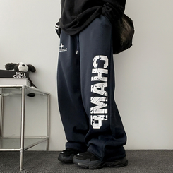 【起毛】]レタリングストリングバンディングワイドパンツ
