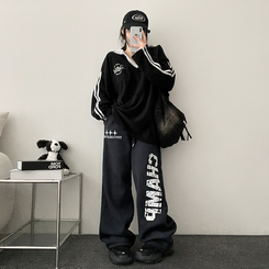【起毛】]レタリングストリングバンディングワイドパンツ
