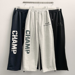 【起毛】]レタリングストリングバンディングワイドパンツ