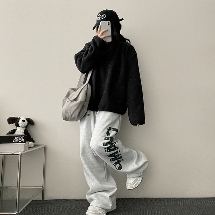 【起毛】]レタリングストリングバンディングワイドパンツ