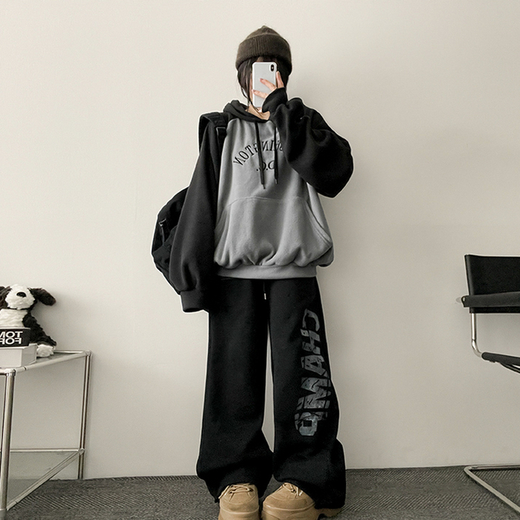 【起毛】]レタリングストリングバンディングワイドパンツ