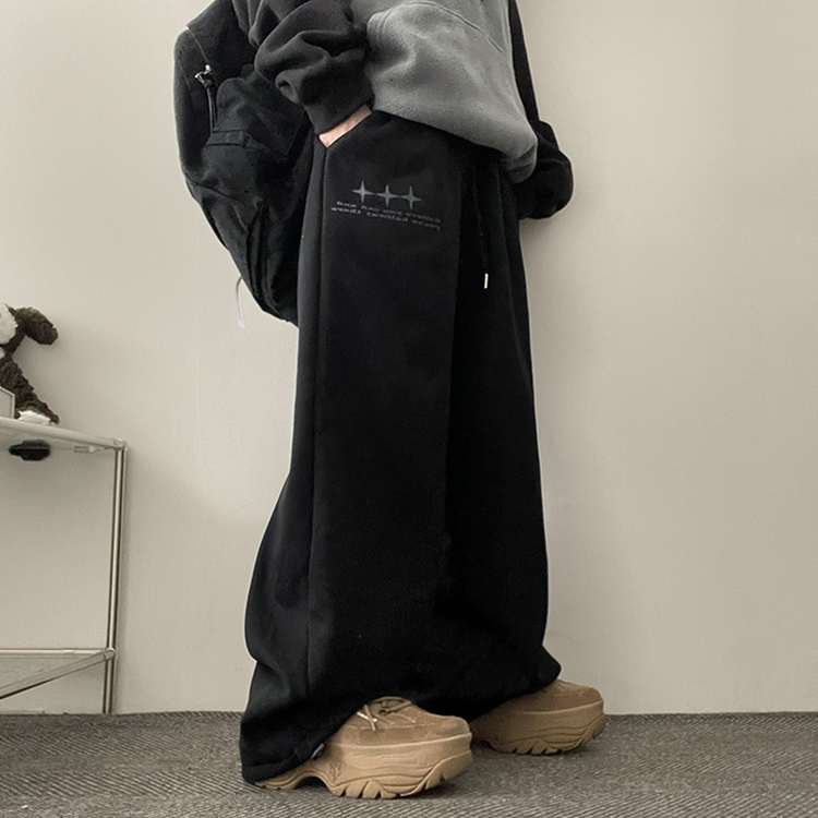 【起毛】]レタリングストリングバンディングワイドパンツ