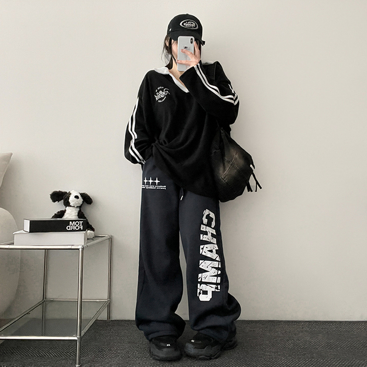 【起毛】]レタリングストリングバンディングワイドパンツ