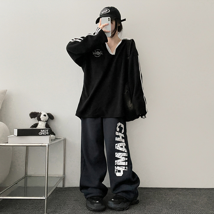 【起毛】]レタリングストリングバンディングワイドパンツ