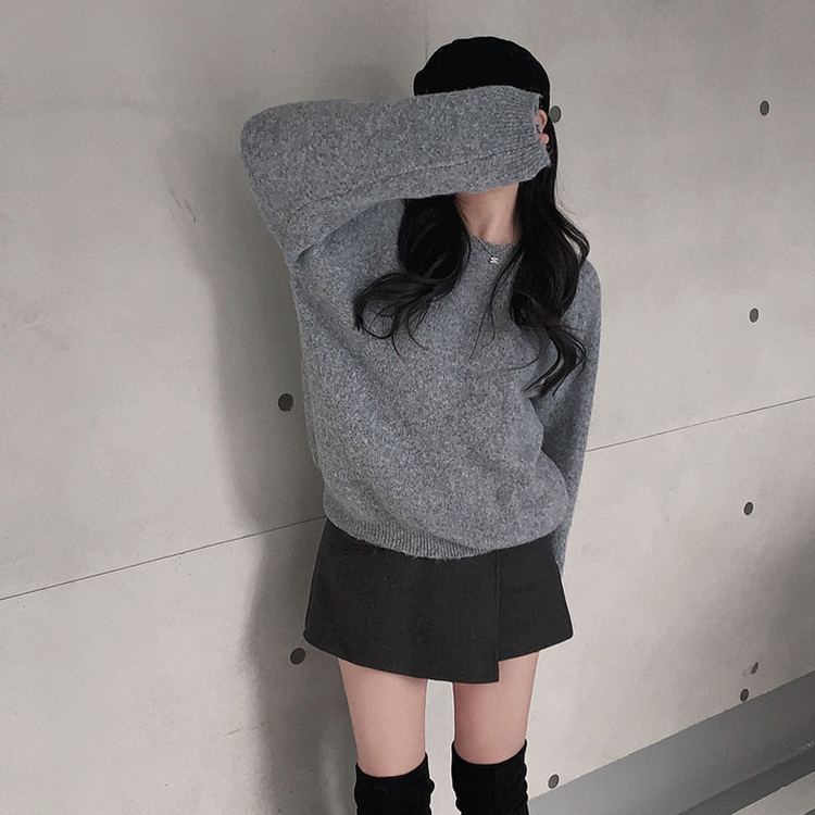 말랑콩떡 모찌 오버핏 라운드 파스텔 데일리 니트 그레이