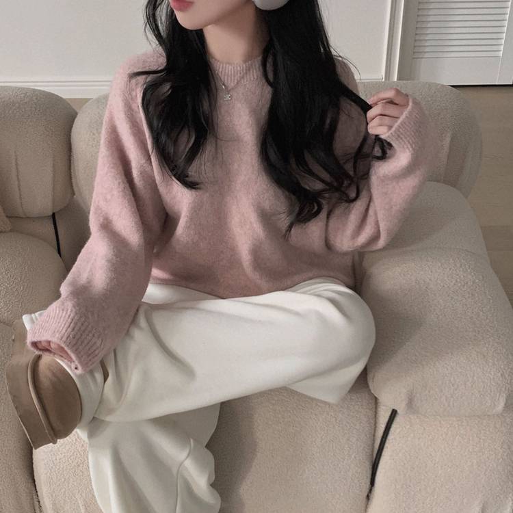 말랑콩떡 모찌 오버핏 라운드 파스텔 데일리 니트 핑크