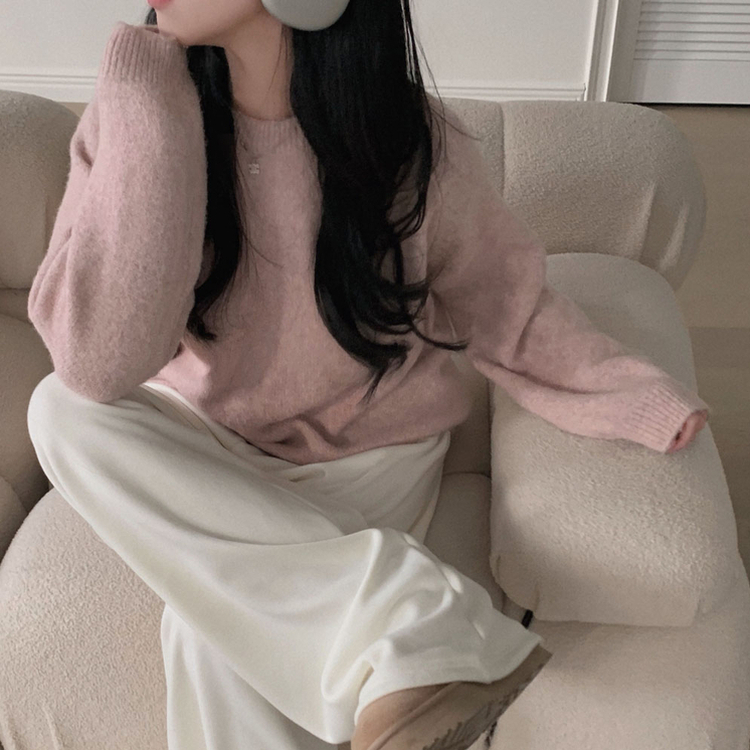 말랑콩떡 모찌 오버핏 라운드 파스텔 데일리 니트 핑크