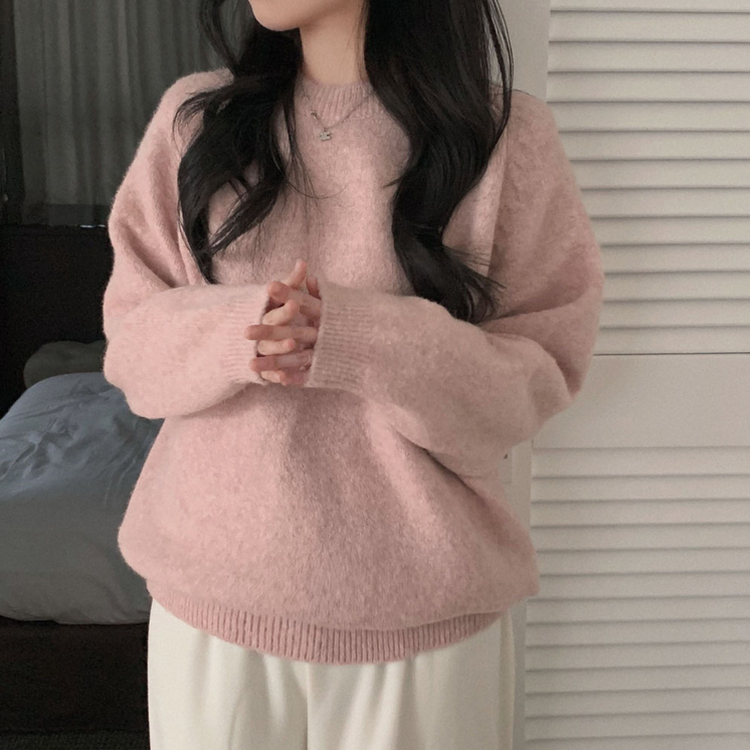 말랑콩떡 모찌 오버핏 라운드 파스텔 데일리 니트 핑크