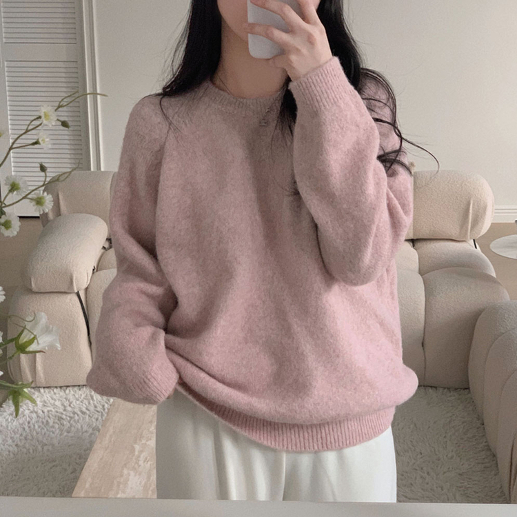 말랑콩떡 모찌 오버핏 라운드 파스텔 데일리 니트 핑크