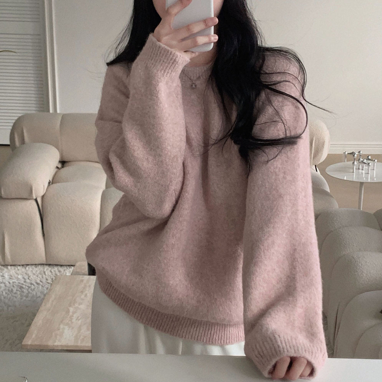 말랑콩떡 모찌 오버핏 라운드 파스텔 데일리 니트 핑크