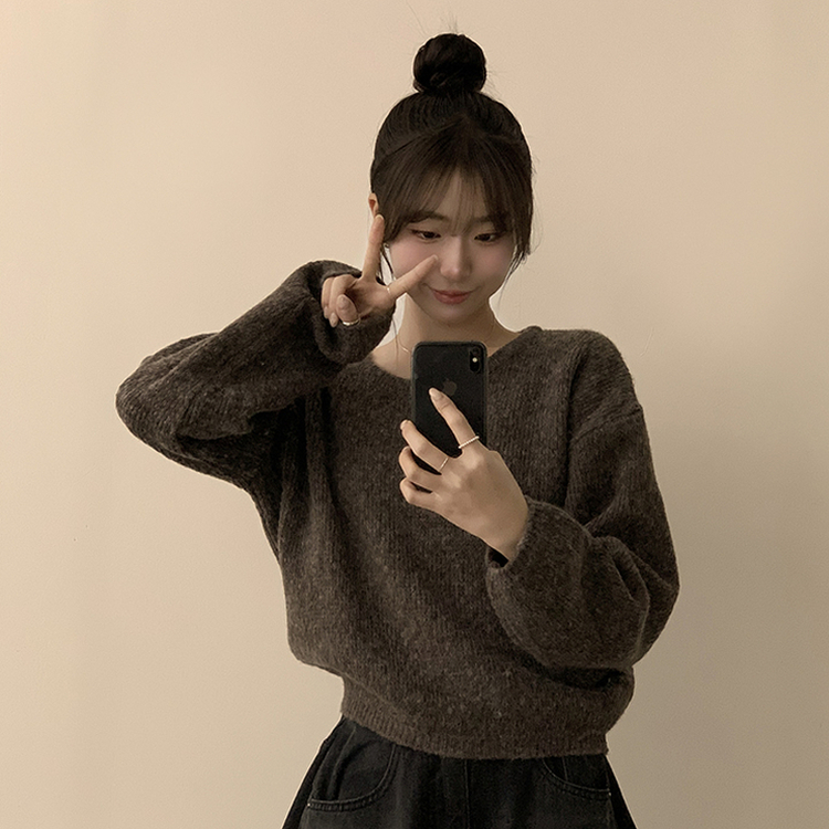 자신있는 추천 칙촉 겨울 라운드 아방핏 도톰 세미 크롭 긴팔 오버핏 데일리 니트 9color 브라운