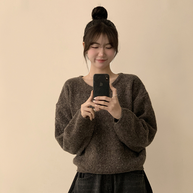 자신있는 추천 칙촉 겨울 라운드 아방핏 도톰 세미 크롭 긴팔 오버핏 데일리 니트 9color 브라운