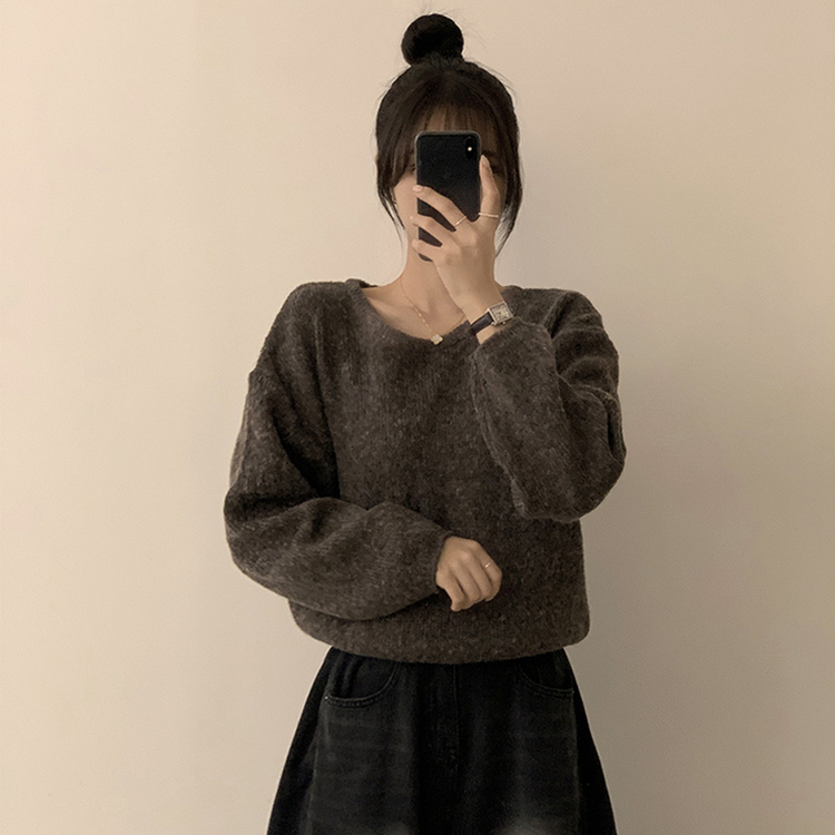 자신있는 추천 칙촉 겨울 라운드 아방핏 도톰 세미 크롭 긴팔 오버핏 데일리 니트 9color 브라운