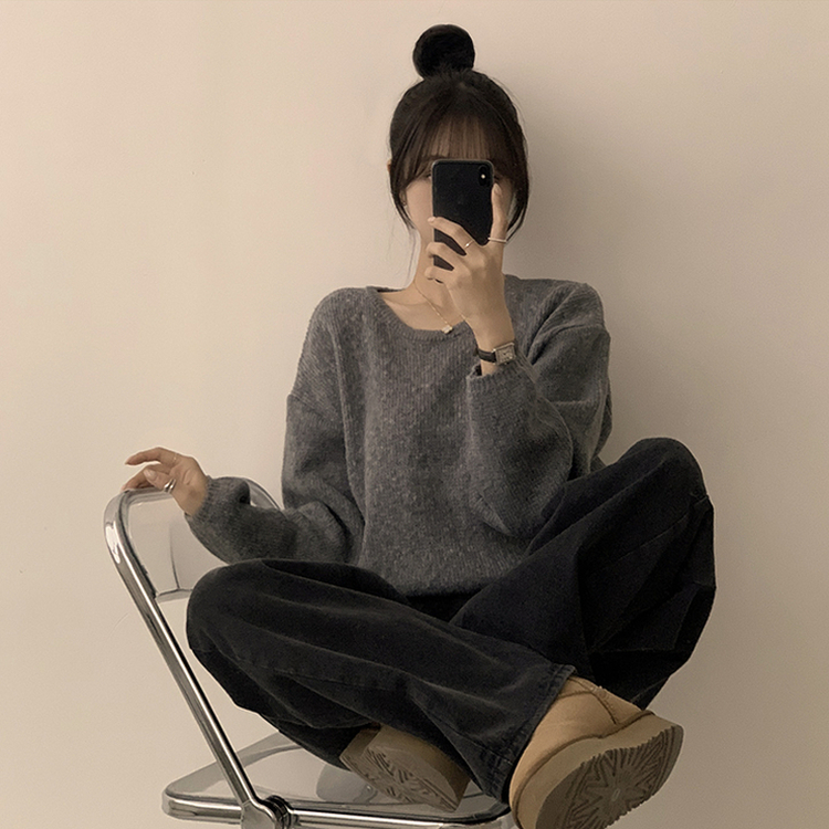 자신있는 추천 칙촉 겨울 라운드 아방핏 도톰 세미 크롭 긴팔 오버핏 데일리 니트 9color 그레이