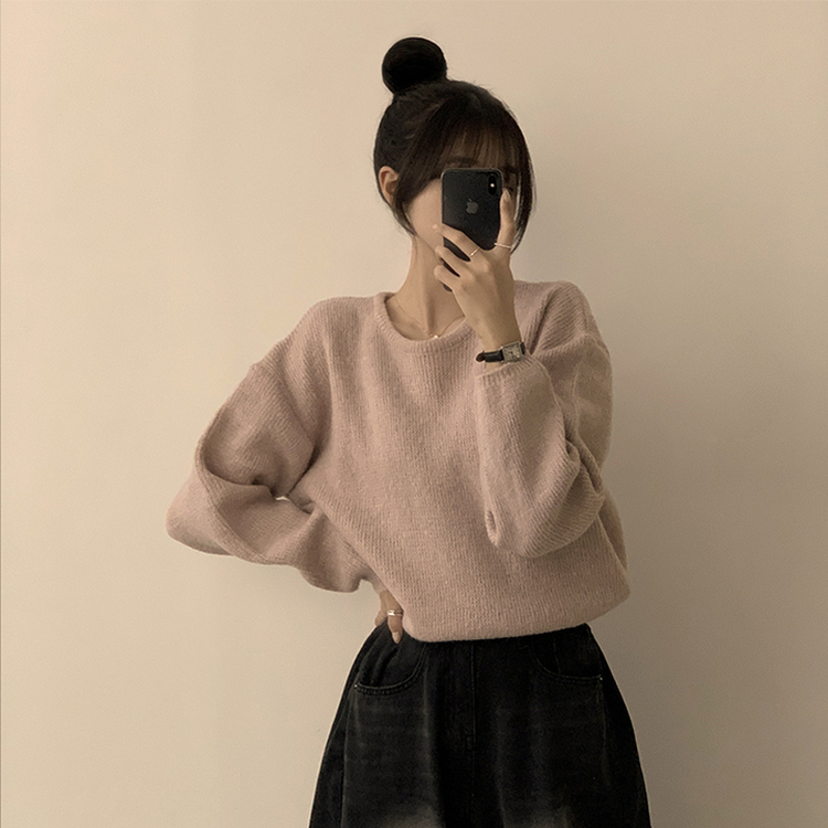 자신있는 추천 칙촉 겨울 라운드 아방핏 도톰 세미 크롭 긴팔 오버핏 데일리 니트 9color 스킨핑크