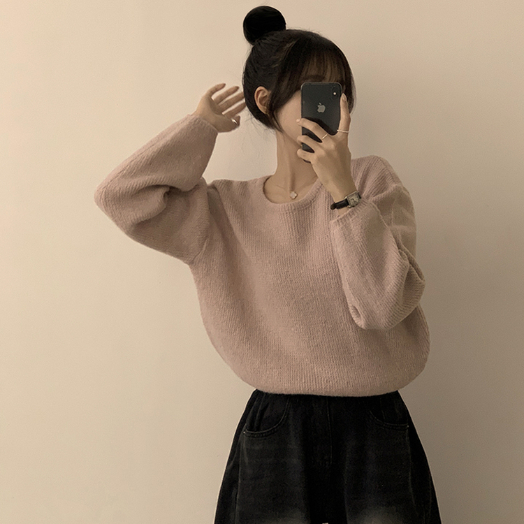 자신있는 추천 칙촉 겨울 라운드 아방핏 도톰 세미 크롭 긴팔 오버핏 데일리 니트 9color 스킨핑크