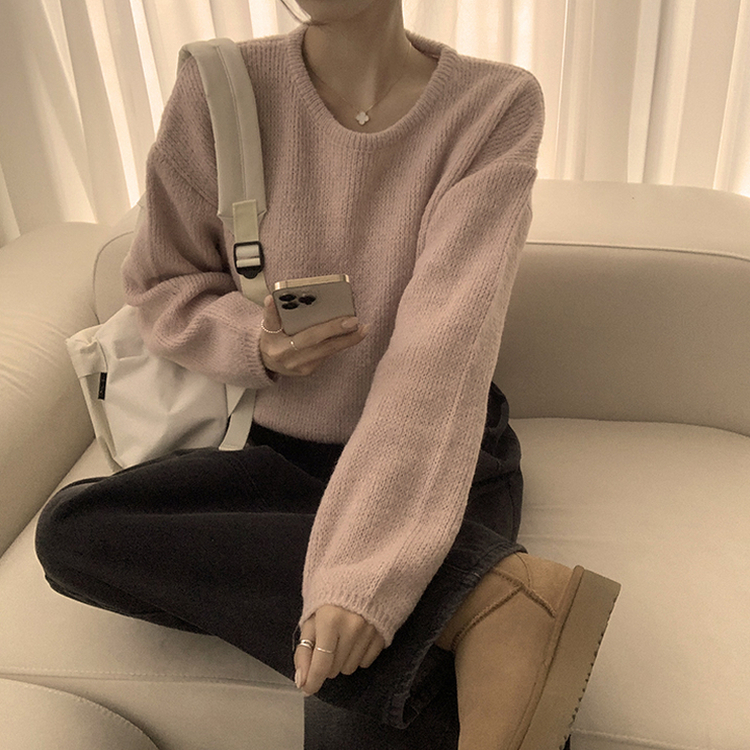 자신있는 추천 칙촉 겨울 라운드 아방핏 도톰 세미 크롭 긴팔 오버핏 데일리 니트 9color 스킨핑크