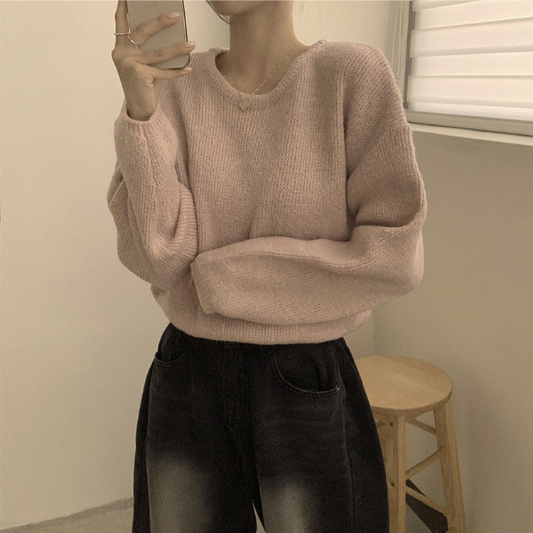 자신있는 추천 칙촉 겨울 라운드 아방핏 도톰 세미 크롭 긴팔 오버핏 데일리 니트 9color 스킨핑크