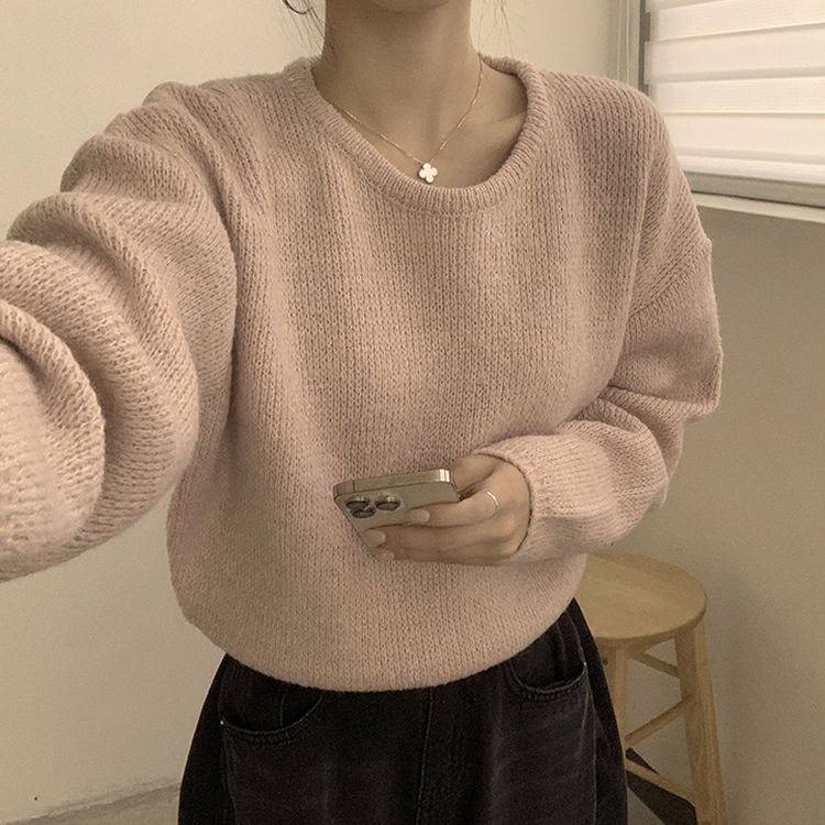 자신있는 추천 칙촉 겨울 라운드 아방핏 도톰 세미 크롭 긴팔 오버핏 데일리 니트 9color 스킨핑크