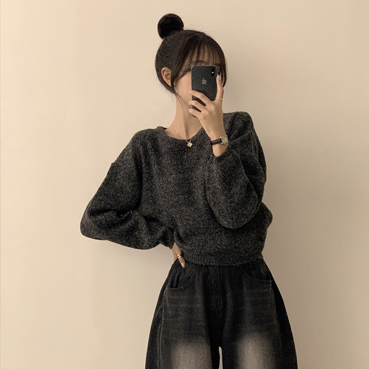 자신있는 추천 칙촉 겨울 라운드 아방핏 도톰 세미 크롭 긴팔 오버핏 데일리 니트 9color 차콜