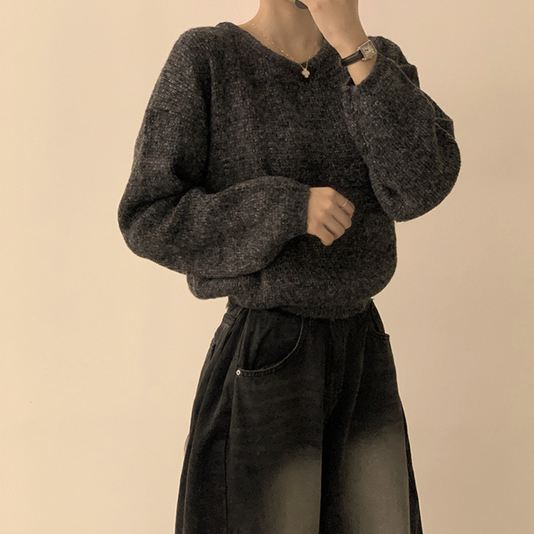 자신있는 추천 칙촉 겨울 라운드 아방핏 도톰 세미 크롭 긴팔 오버핏 데일리 니트 9color 차콜