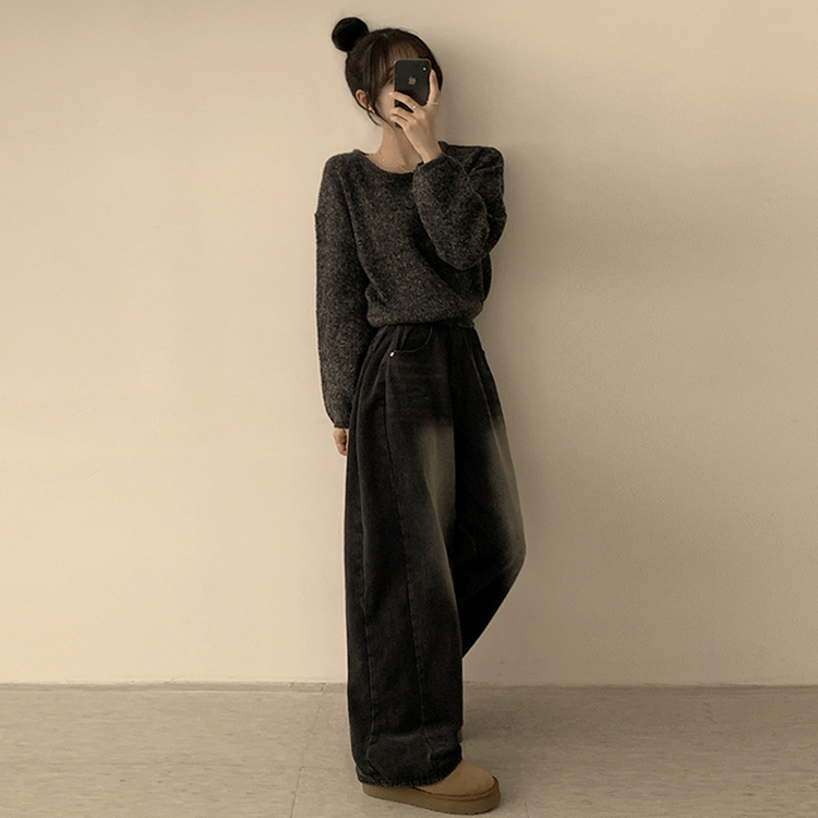 자신있는 추천 칙촉 겨울 라운드 아방핏 도톰 세미 크롭 긴팔 오버핏 데일리 니트 9color 차콜