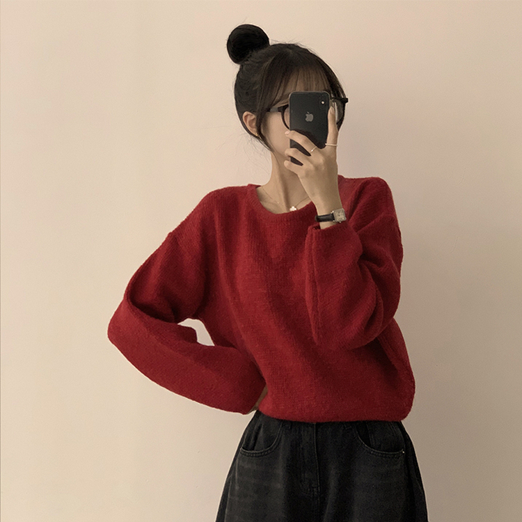 자신있는 추천 칙촉 겨울 라운드 아방핏 도톰 세미 크롭 긴팔 오버핏 데일리 니트 9color 레드