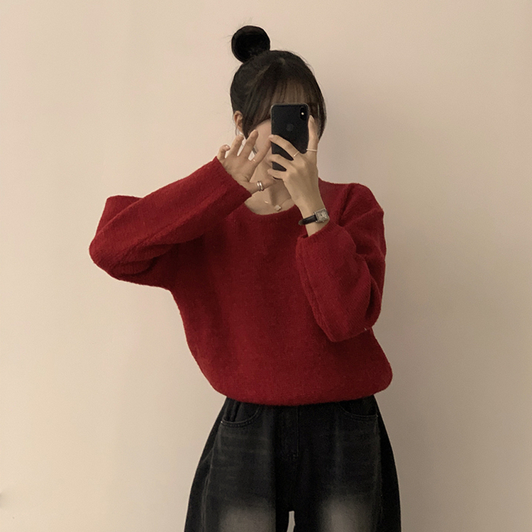 자신있는 추천 칙촉 겨울 라운드 아방핏 도톰 세미 크롭 긴팔 오버핏 데일리 니트 9color 레드