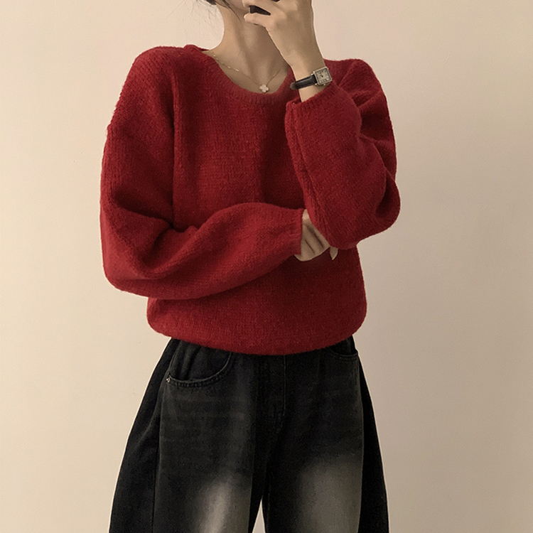 자신있는 추천 칙촉 겨울 라운드 아방핏 도톰 세미 크롭 긴팔 오버핏 데일리 니트 9color 레드