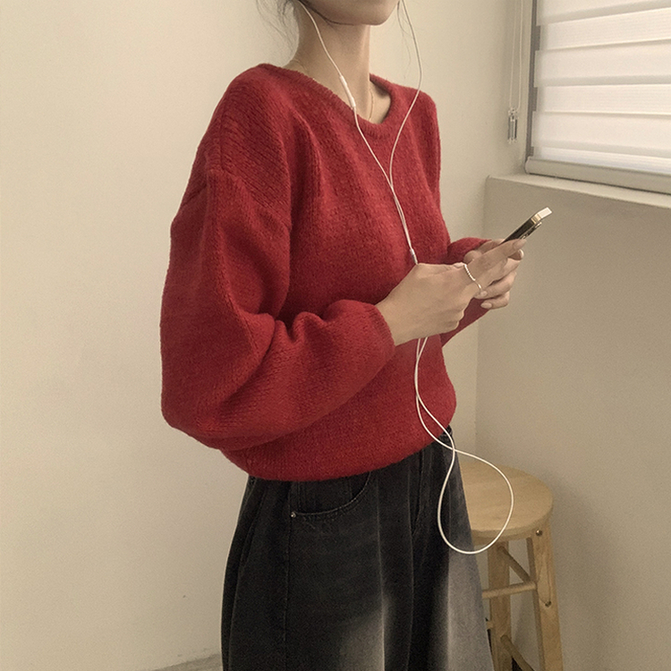 자신있는 추천 칙촉 겨울 라운드 아방핏 도톰 세미 크롭 긴팔 오버핏 데일리 니트 9color 레드