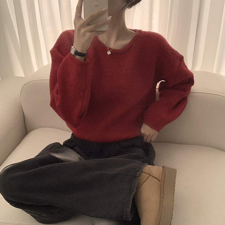 자신있는 추천 칙촉 겨울 라운드 아방핏 도톰 세미 크롭 긴팔 오버핏 데일리 니트 9color 레드