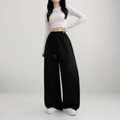 トレーニングパンツ サイドスリットピンタックストリングワイドパンツ(5color) BLACK