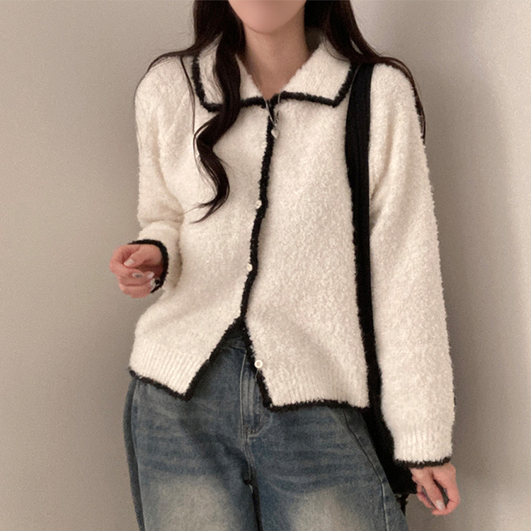 토리 부클 보카시 배색 카라 니트 가디건 아이보리