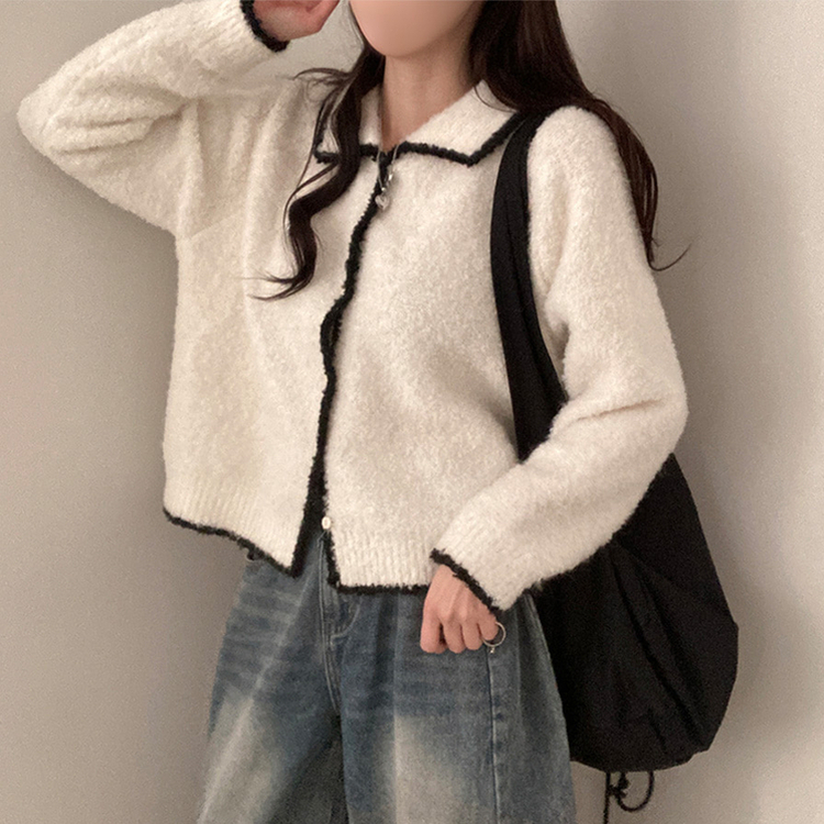 토리 부클 보카시 배색 카라 니트 가디건 아이보리