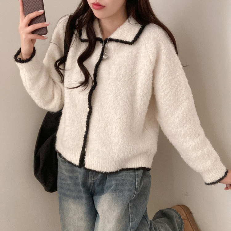 토리 부클 보카시 배색 카라 니트 가디건 아이보리