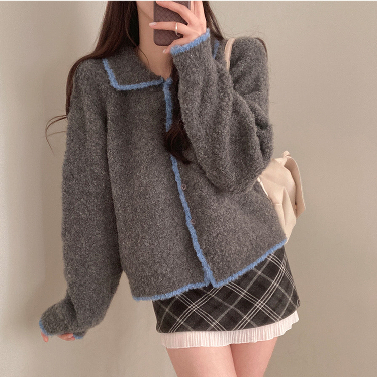 토리 부클 보카시 배색 카라 니트 가디건 그레이