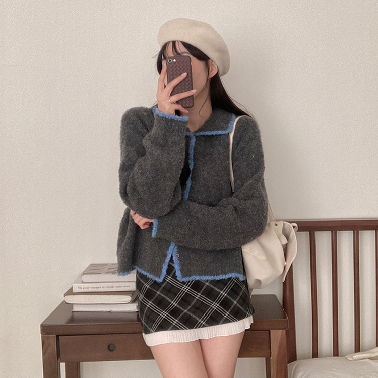 토리 부클 보카시 배색 카라 니트 가디건 그레이