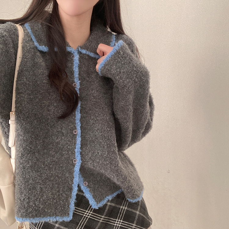 토리 부클 보카시 배색 카라 니트 가디건 그레이