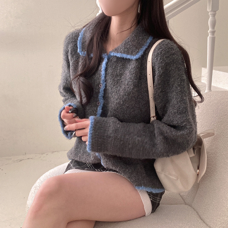 토리 부클 보카시 배색 카라 니트 가디건 그레이