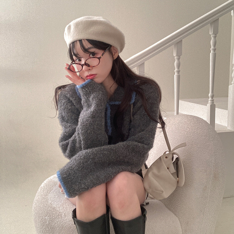 토리 부클 보카시 배색 카라 니트 가디건 그레이