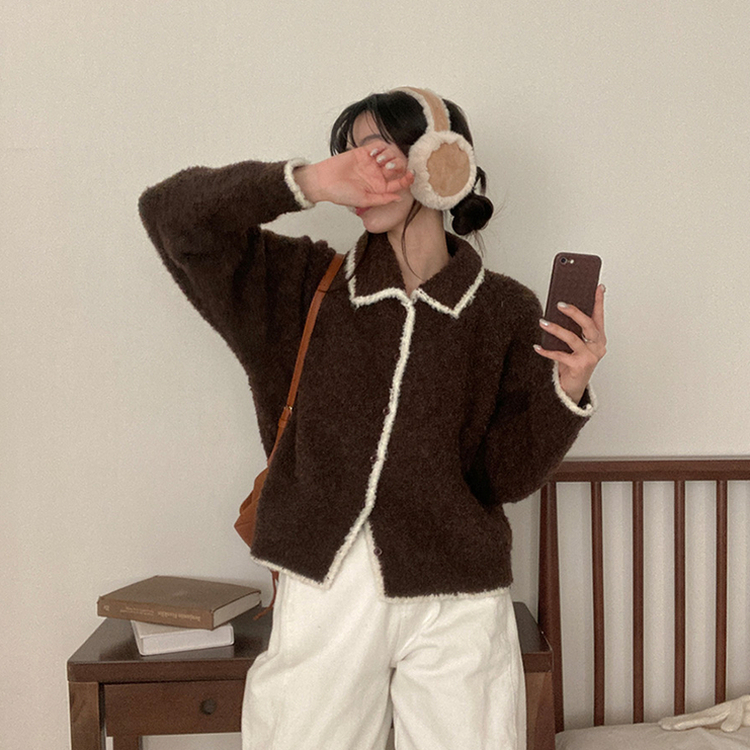 토리 부클 보카시 배색 카라 니트 가디건 브라운