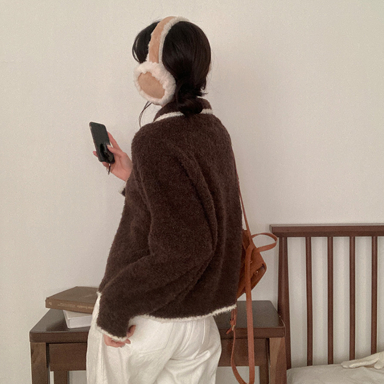 토리 부클 보카시 배색 카라 니트 가디건 브라운