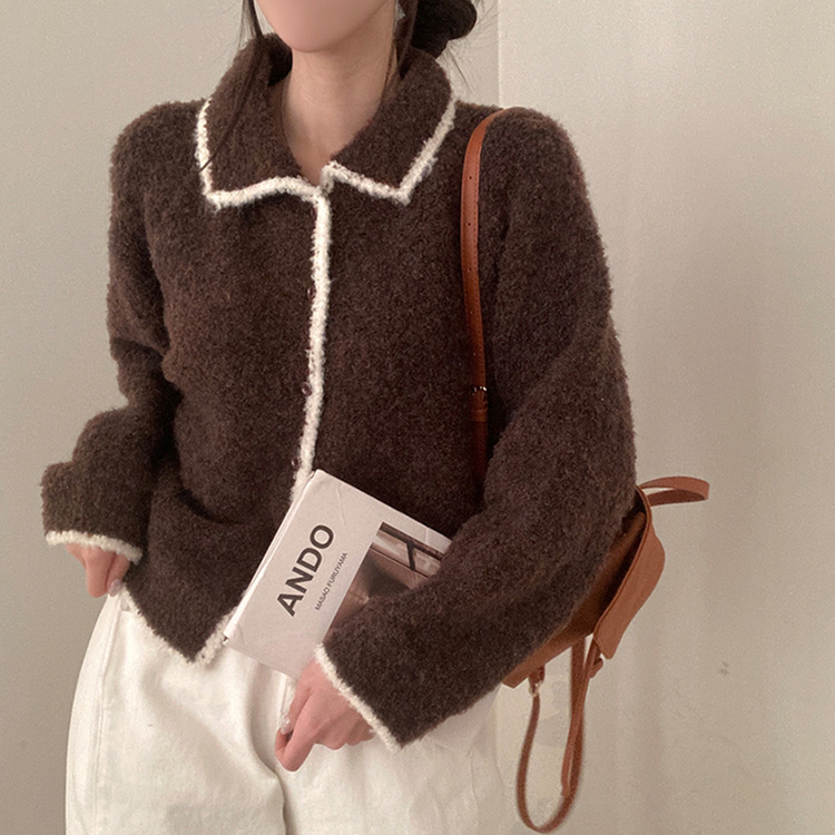 토리 부클 보카시 배색 카라 니트 가디건 브라운